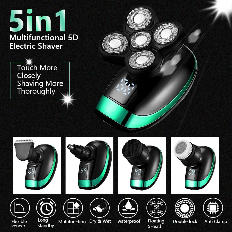 5-in-1 4D Men's Rechargeable Electric Shaver & Trimmer - Bald Head, Beard, Nose, Ear, Facial Grooming Kit