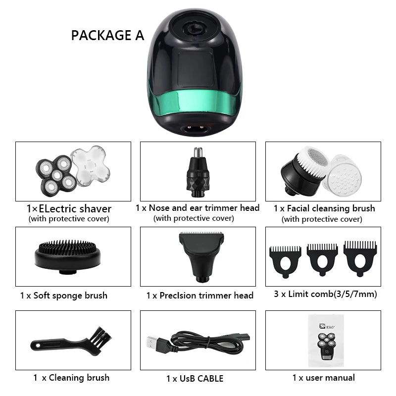 5-in-1 4D Men's Rechargeable Electric Shaver & Trimmer - Bald Head, Beard, Nose, Ear, Facial Grooming Kit