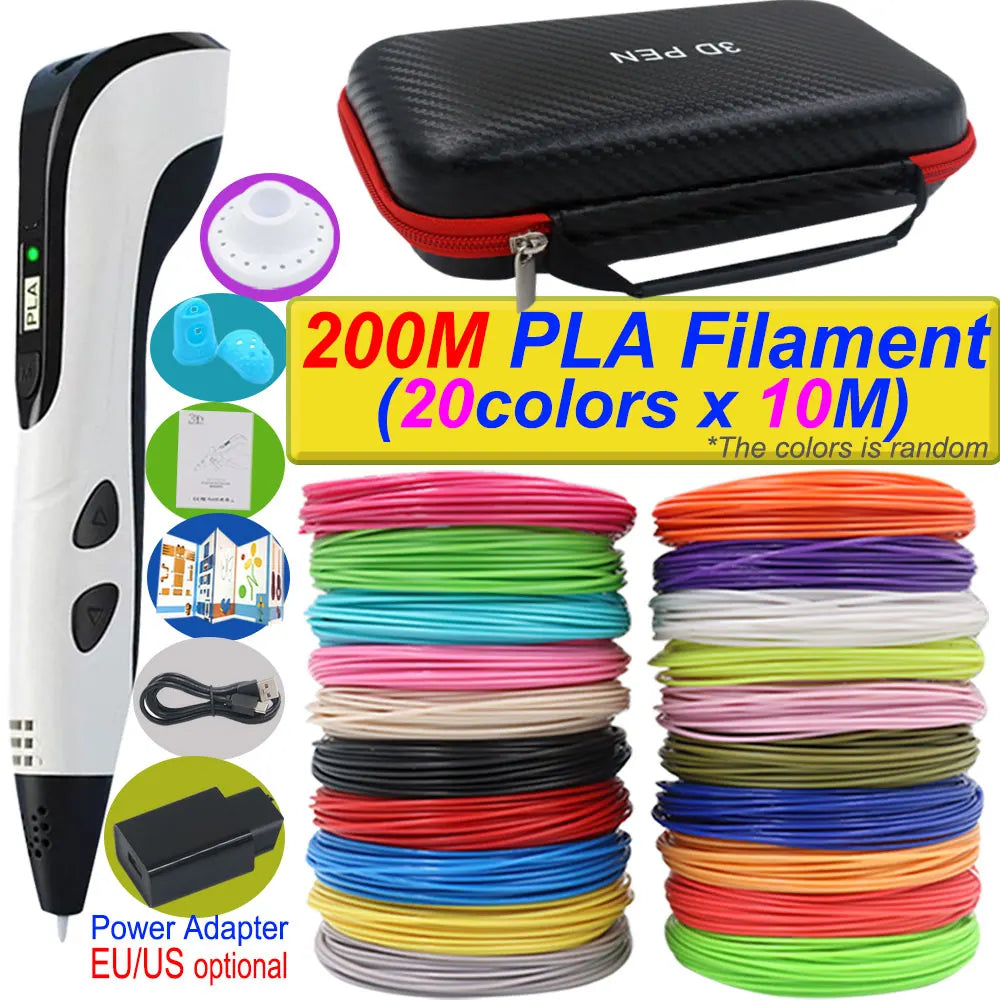 "2025 3D Printing Pen for Kids - DIY 3D Art, LCD Screen, Power Adapter, and 200m PLA Filament"