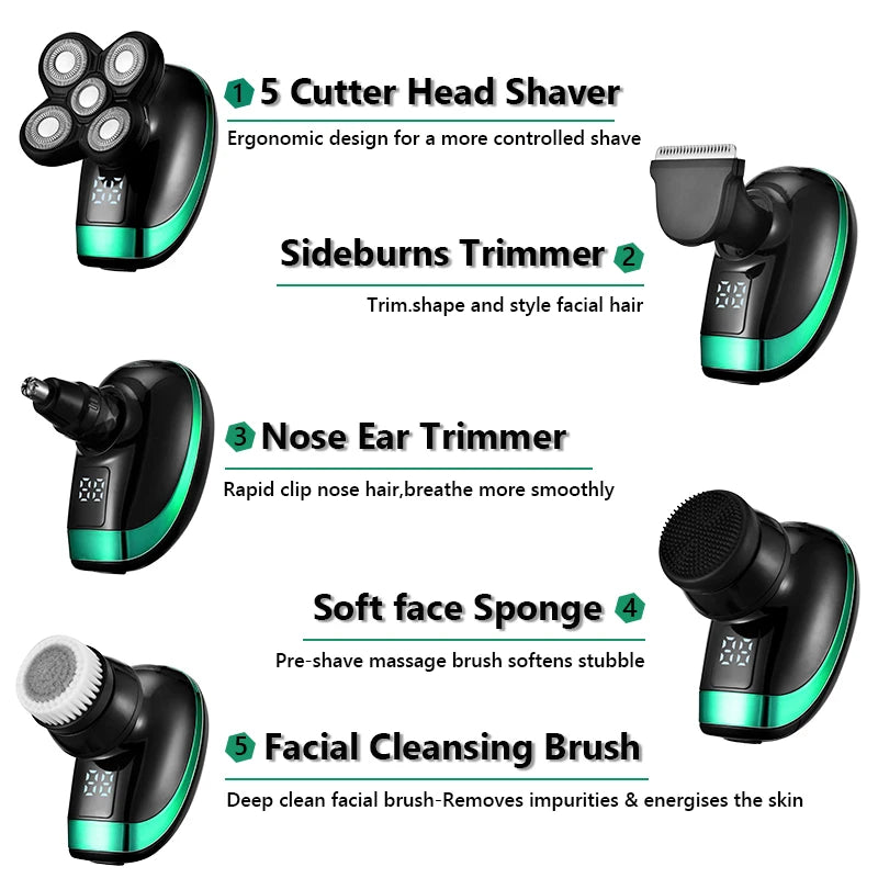 5-in-1 4D Men's Rechargeable Electric Shaver & Trimmer - Bald Head, Beard, Nose, Ear, Facial Grooming Kit