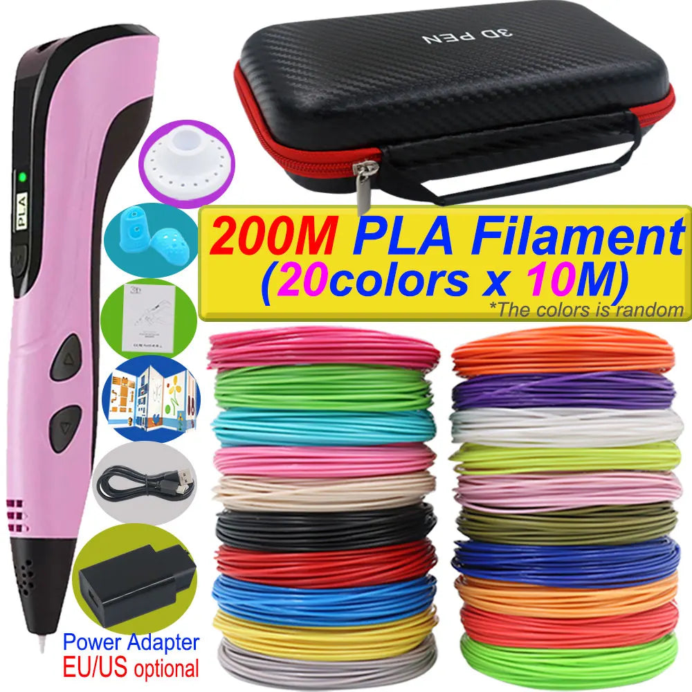 "2025 3D Printing Pen for Kids - DIY 3D Art, LCD Screen, Power Adapter, and 200m PLA Filament"