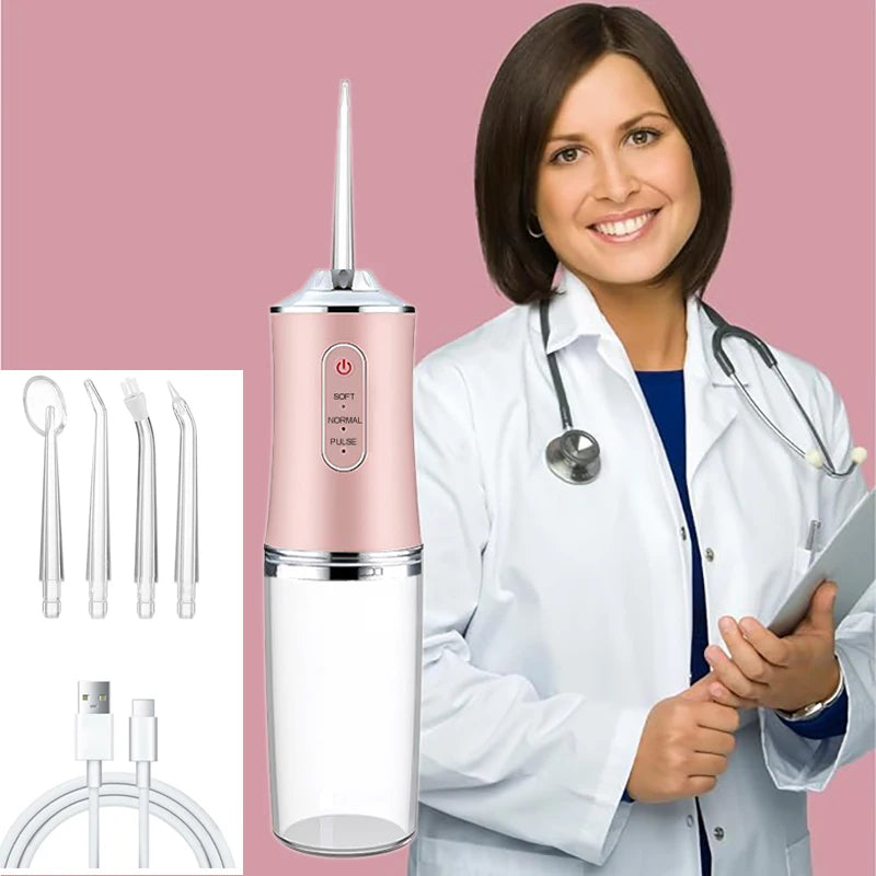 USB Portable Oral Irrigator - 200ML Water Flosser with 4 Nozzles for Teeth & Mouth Cleaning