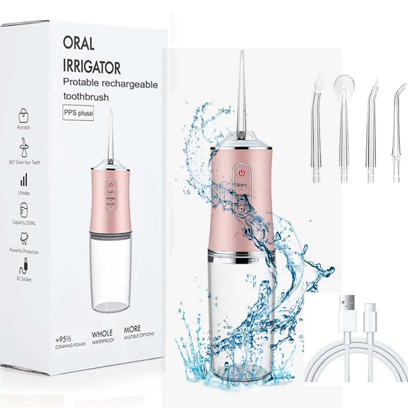 USB Portable Oral Irrigator - 200ML Water Flosser with 4 Nozzles for Teeth & Mouth Cleaning